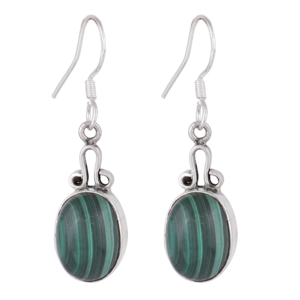 Close up of handmade malachite earrings in 92.5 Sterling Silver