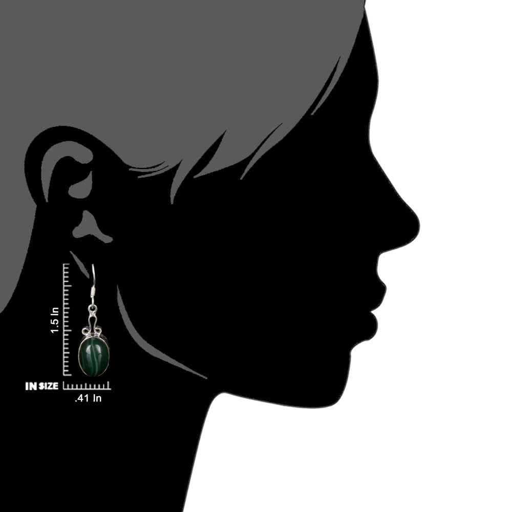 Detail of malachite earrings showing stone and silver