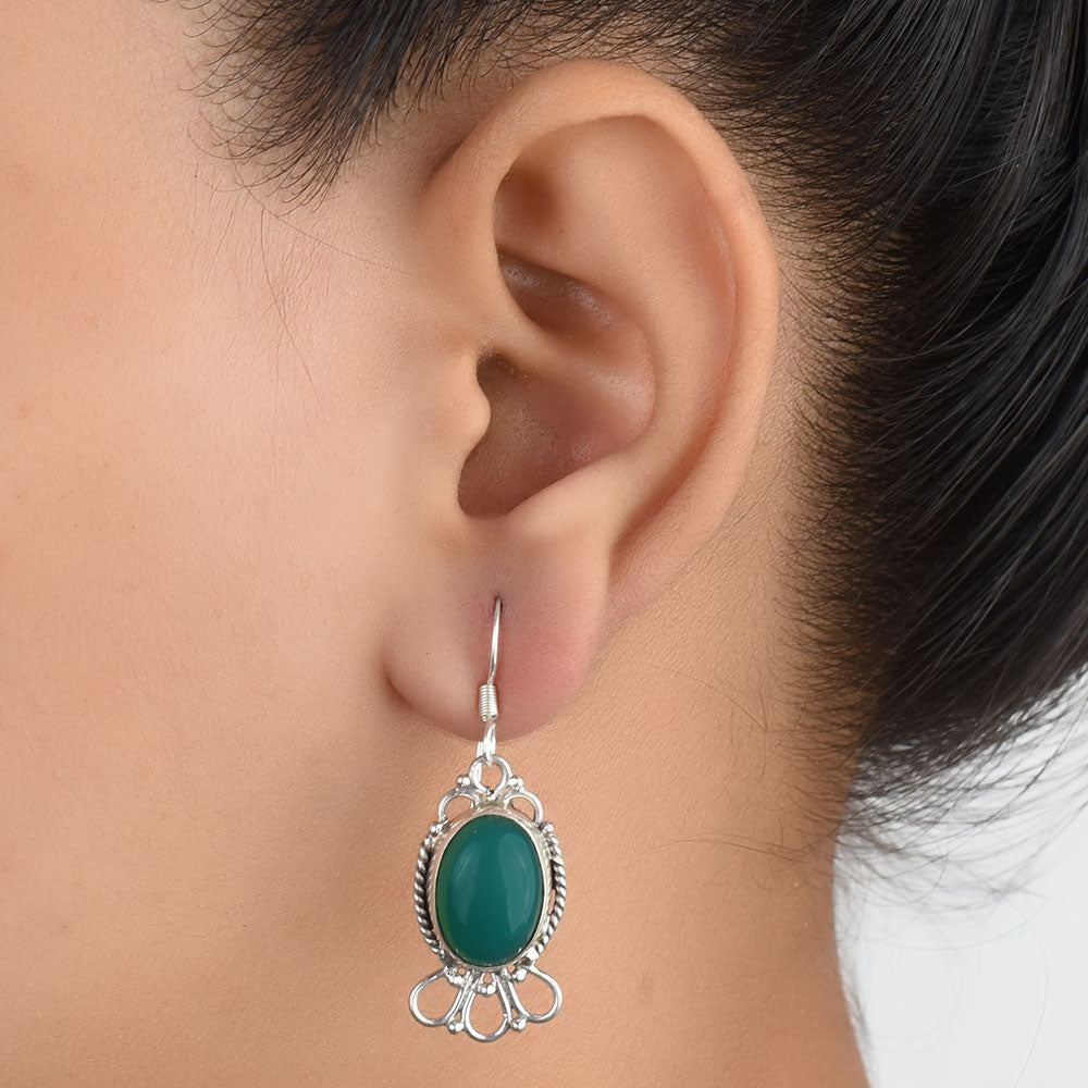 92.5 Sterling Silver green onyx floral earrings front view