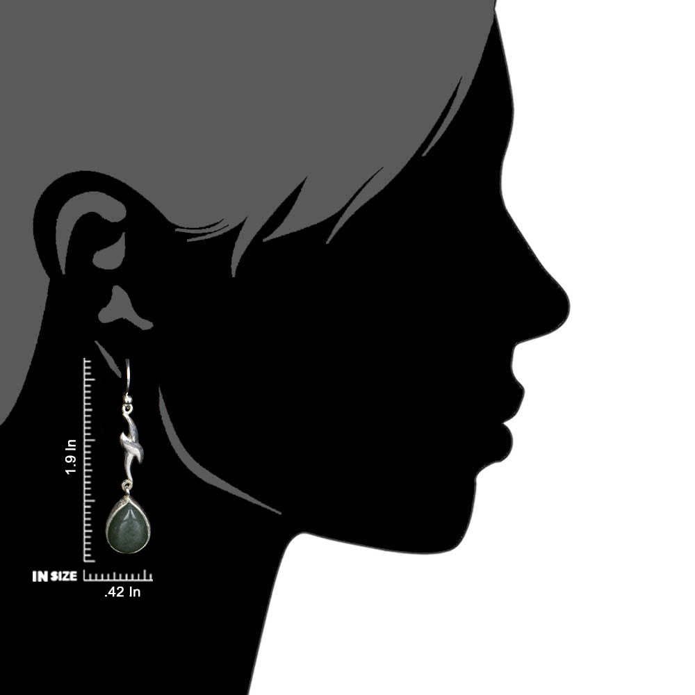 Detail of single verde aventurina earrings showing stone and silver