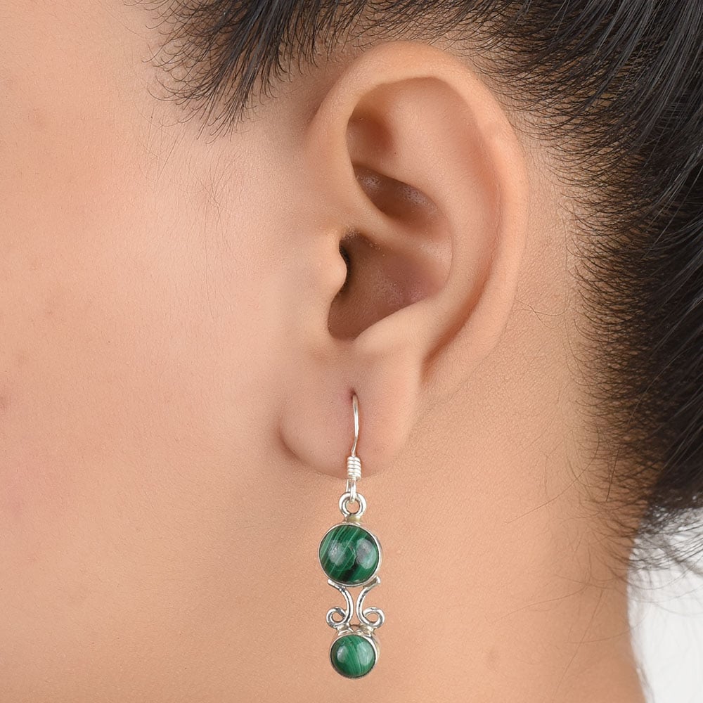 92.5 Sterling Silver malachite round earrings front view