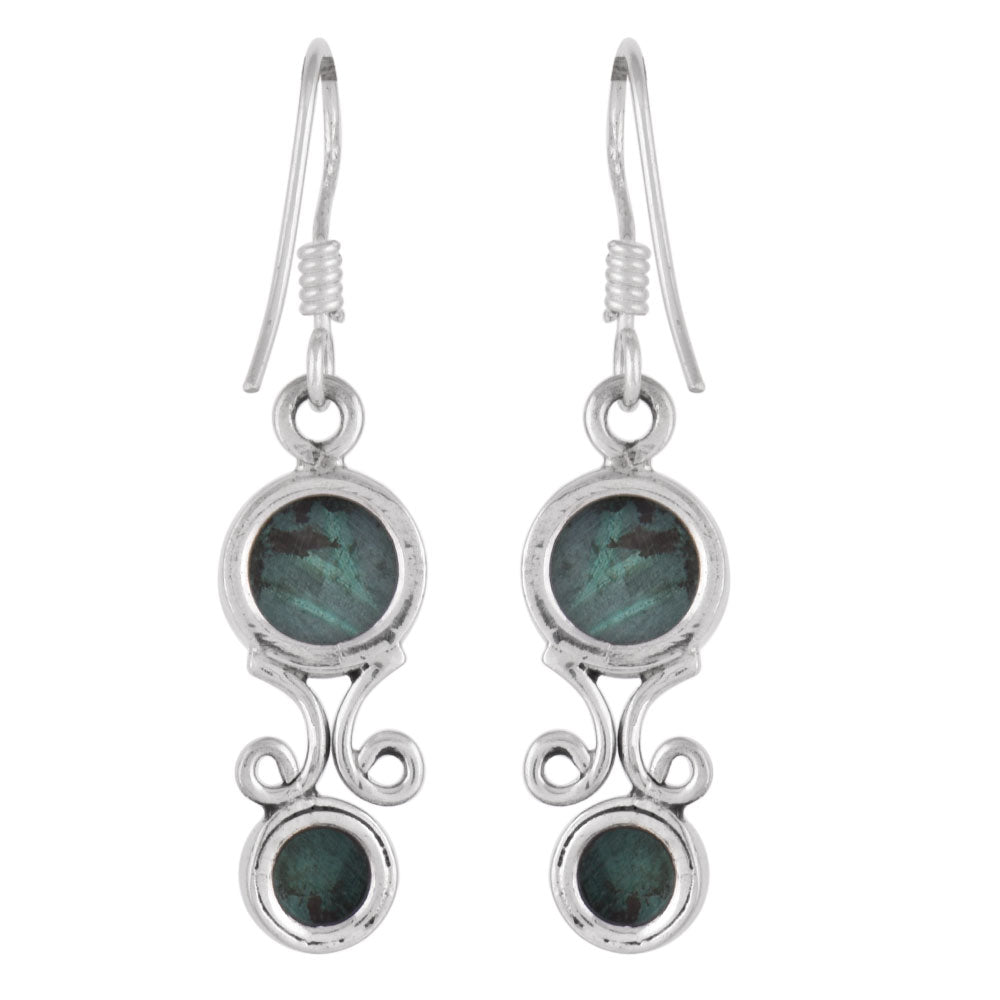 Side profile of handcrafted malachite round earrings