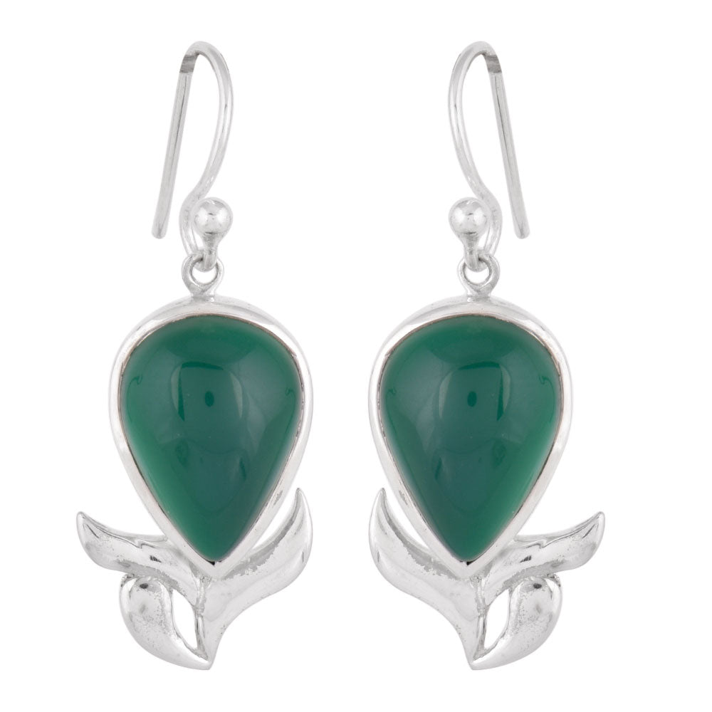 Close up of handmade green onyx oval earrings in 92.5 Sterling Silver