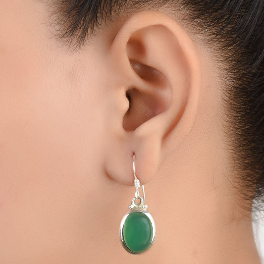 92.5 Sterling Silver green onyx teardrop earrings front view