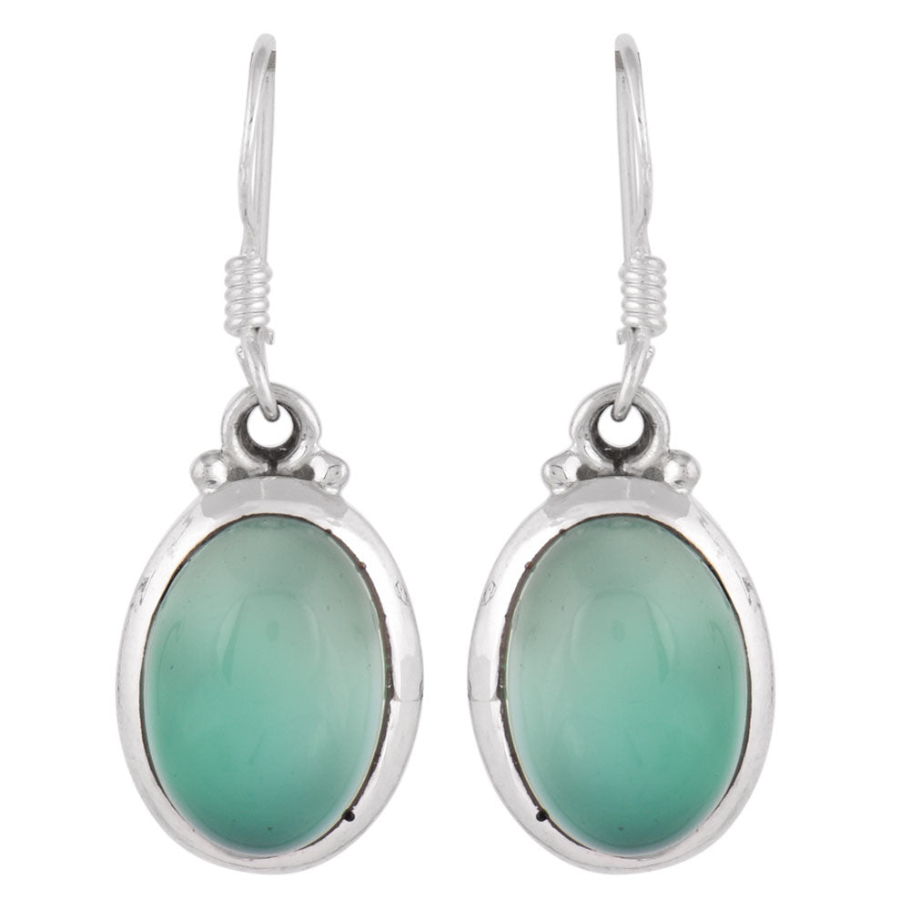 Close up of handmade green onyx teardrop earrings in 92.5 Sterling Silver