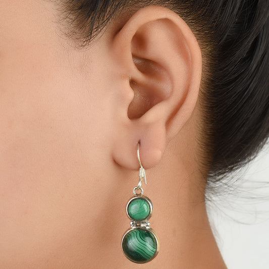 92.5 Sterling Silver malachite round earrings front view