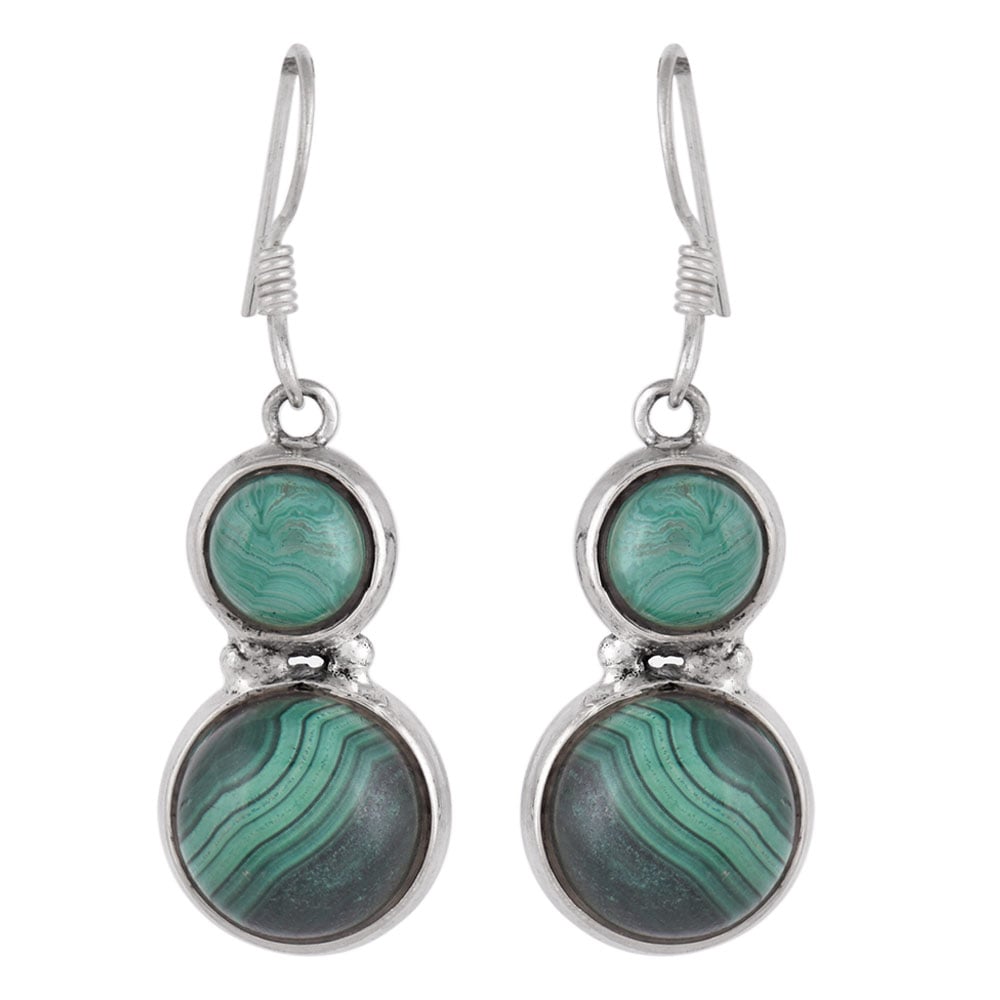Close up of handmade malachite round earrings in 92.5 Sterling Silver