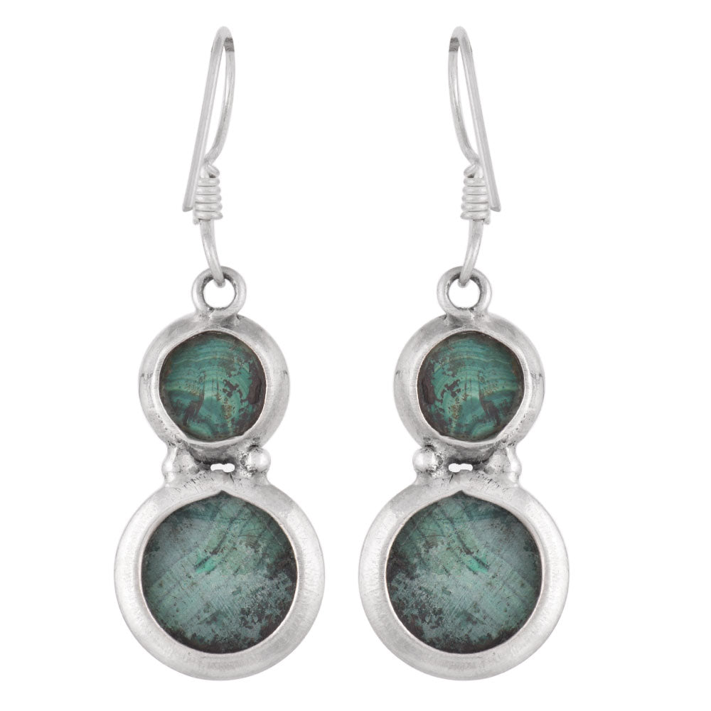 Side profile of handcrafted malachite round earrings