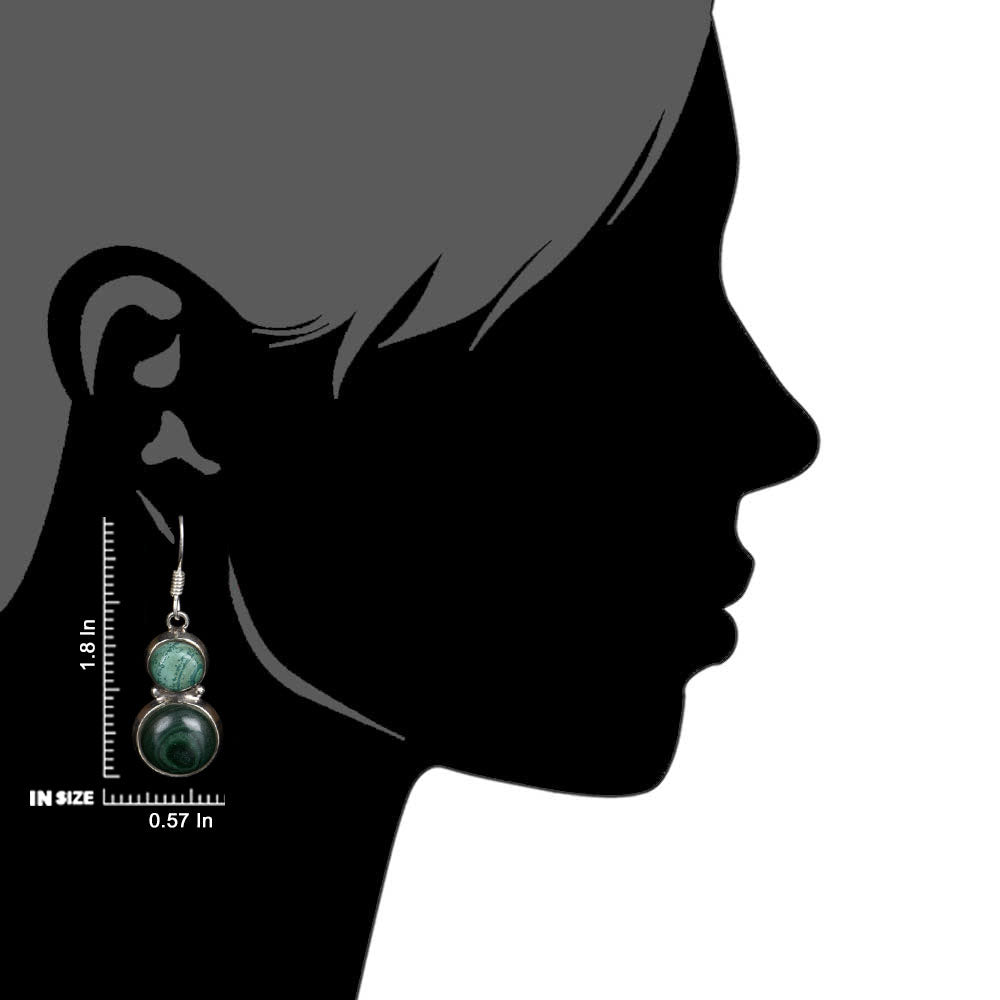 Detail of malachite round earrings showing stone and silver