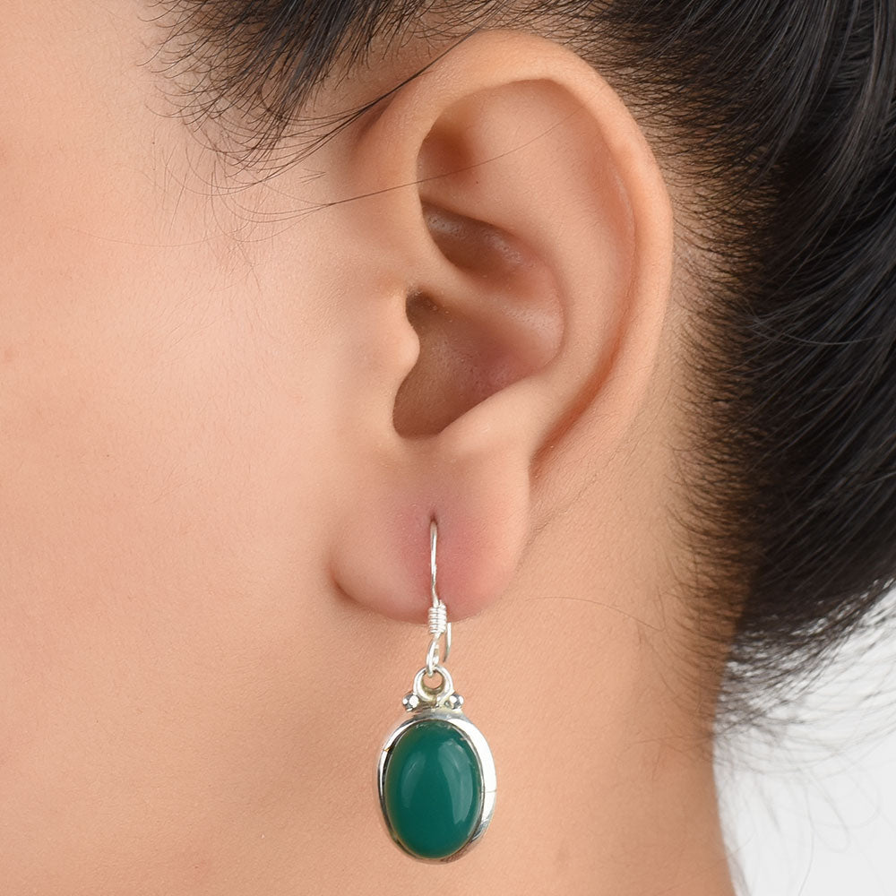 92.5 Sterling Silver green onyx earrings front view