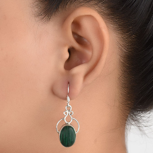 92.5 Sterling Silver malachite earrings front view
