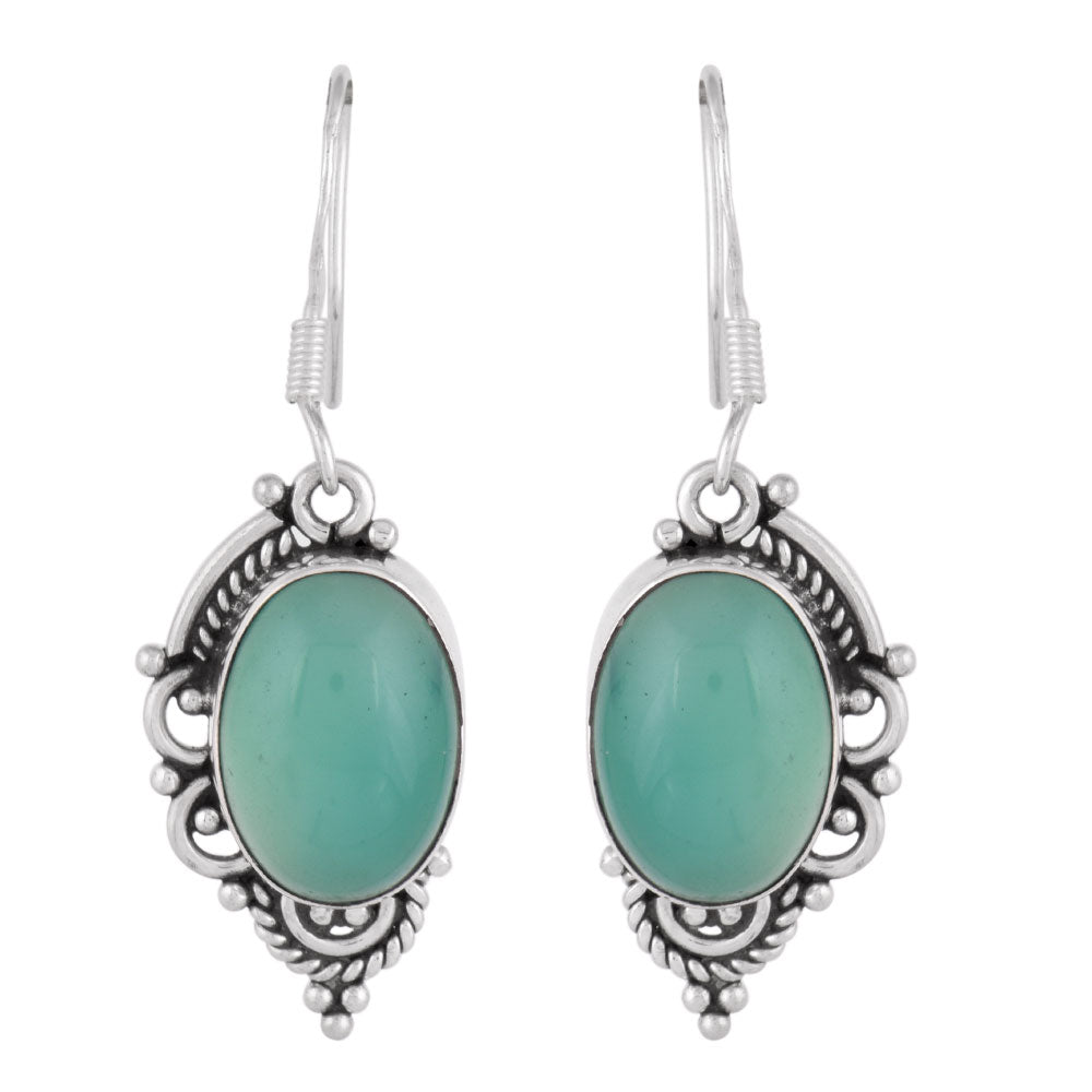 Close up of handmade agate oval earrings in 92.5 Sterling Silver