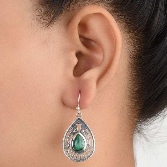 Front view of Malachite Drop Earrings handcrafted in 92.5 Sterling Silver
