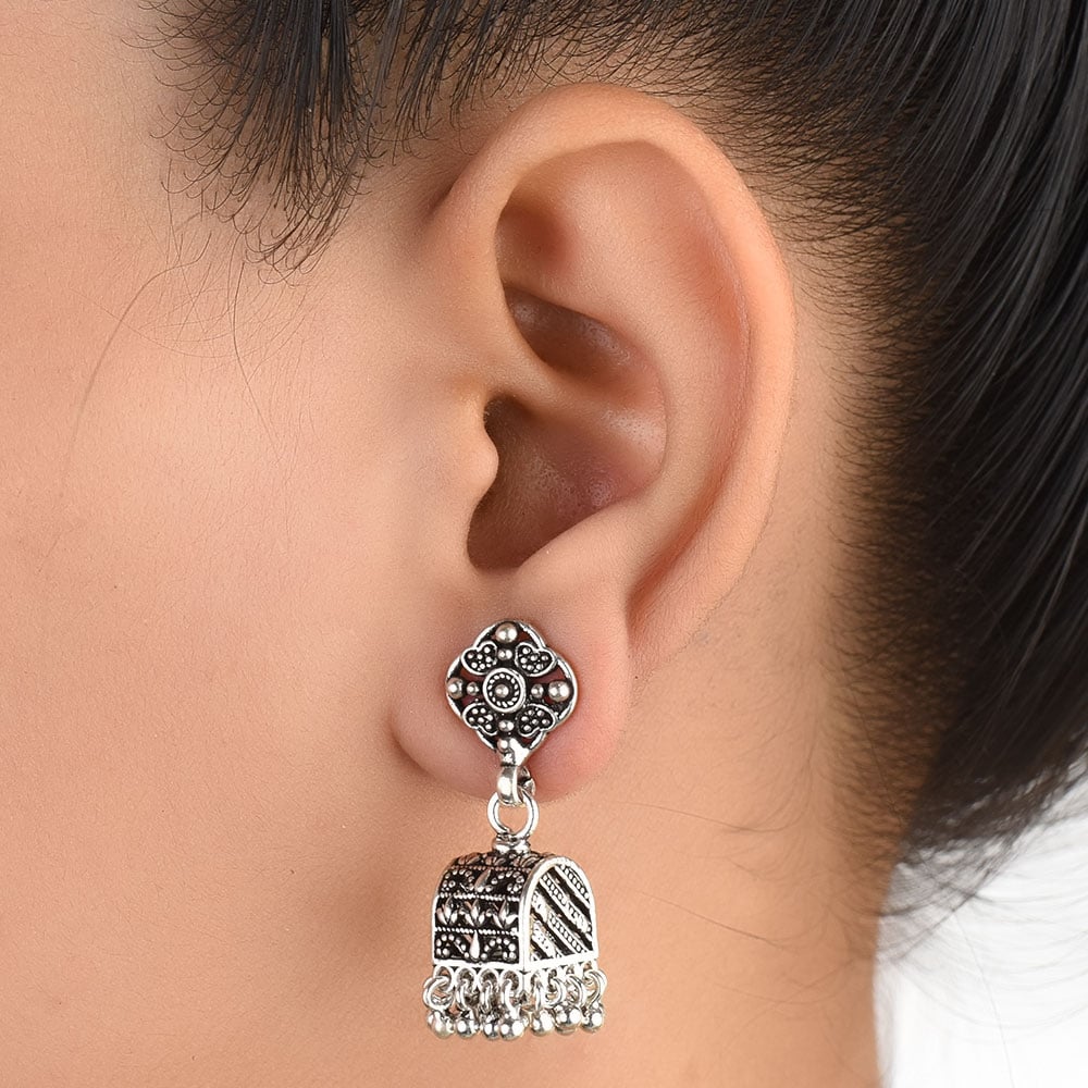 Front view of Floral Jhumka Earrings in 92.5 Sterling Silver