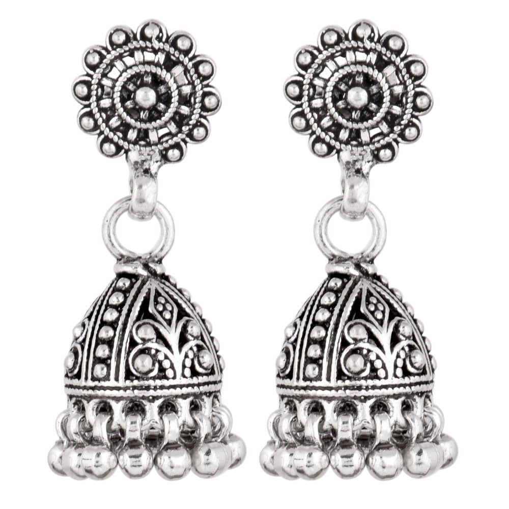 Side view of Ethnic Indian Jhumka Jhumka Earrings, showing jhumka design in 92.5 Sterling Silver