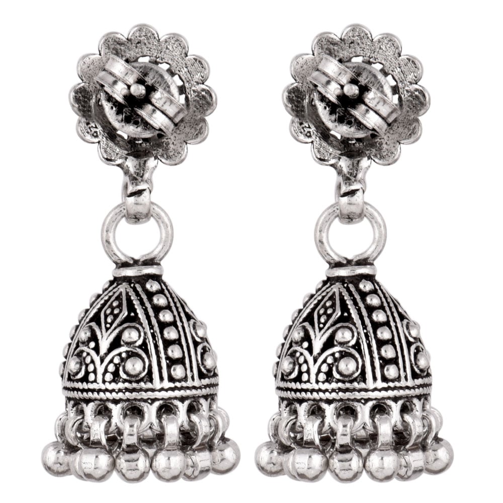 Close up of jhumka detailing on 92.5 Sterling Silver earrings