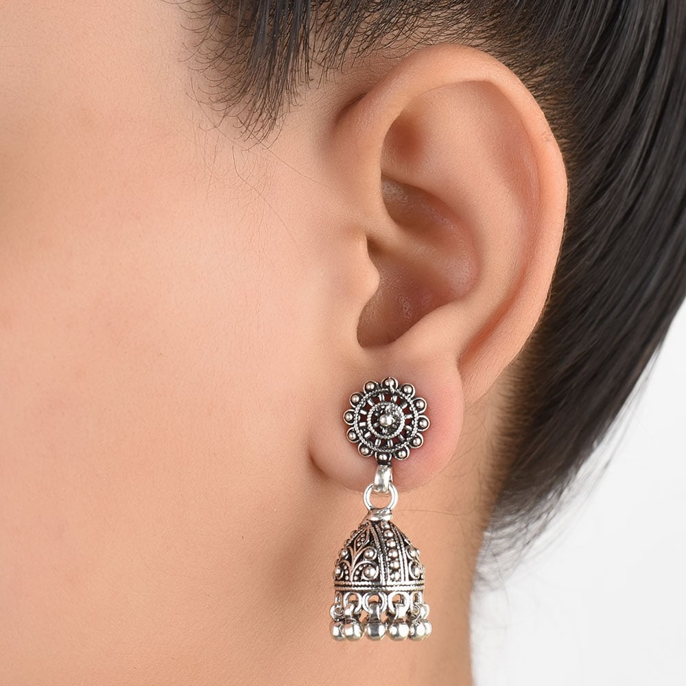 Front view of Ethnic Indian Jhumka Jhumka Earrings in 92.5 Sterling Silver