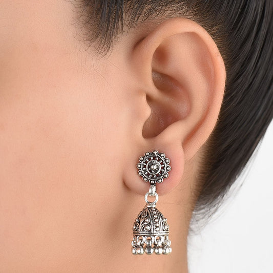 Front view of Ethnic Indian Jhumka Jhumka Earrings in 92.5 Sterling Silver