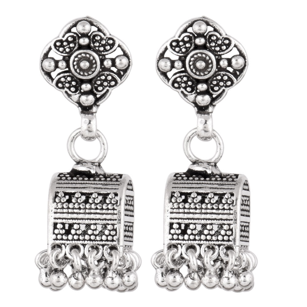 Side view of Floral Jhumki Earrings, showing floral design in 92.5 Sterling Silver
