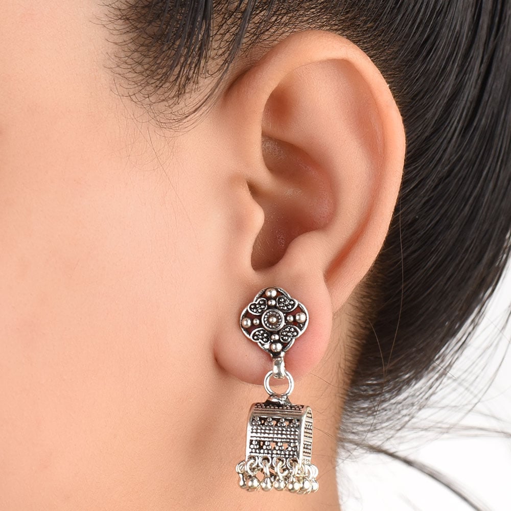 Front view of Floral Jhumki Earrings in 92.5 Sterling Silver