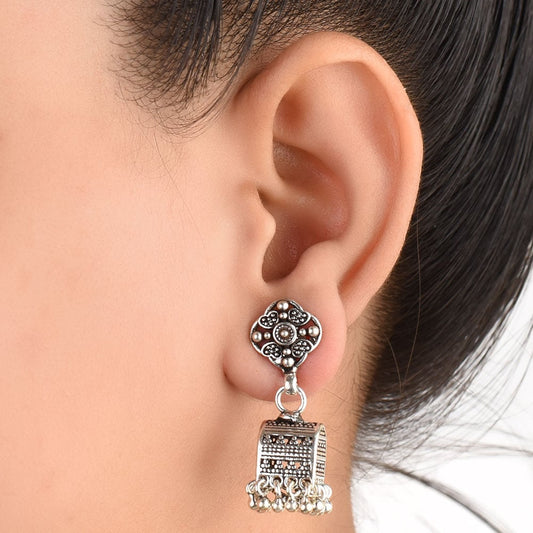 Front view of Floral Jhumki Earrings in 92.5 Sterling Silver