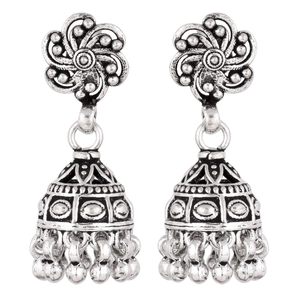 Side view of Floral Jhumka Earrings, showing floral design in 92.5 Sterling Silver