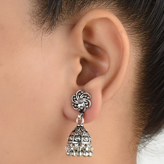 Front view of Floral Jhumka Earrings in 92.5 Sterling Silver