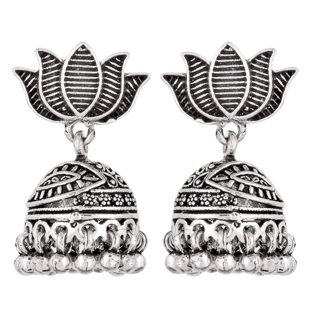 Side view of Lotus Jhumki Earrings, showing lotus design in 92.5 Sterling Silver