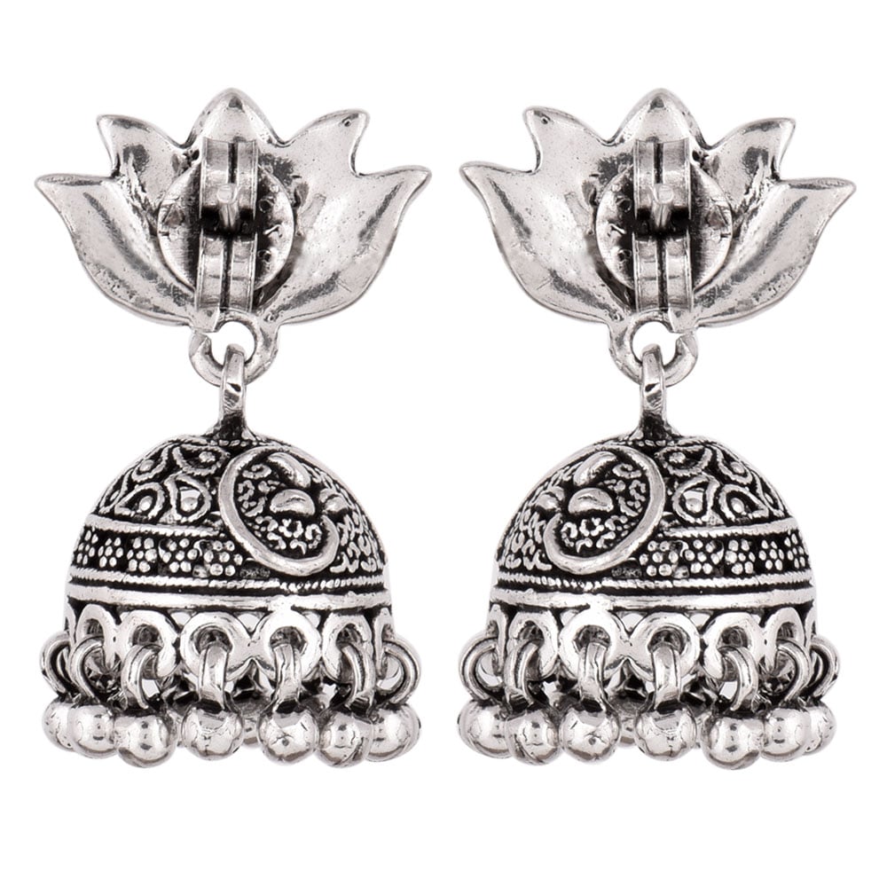 Close up of lotus detailing on 92.5 Sterling Silver earrings