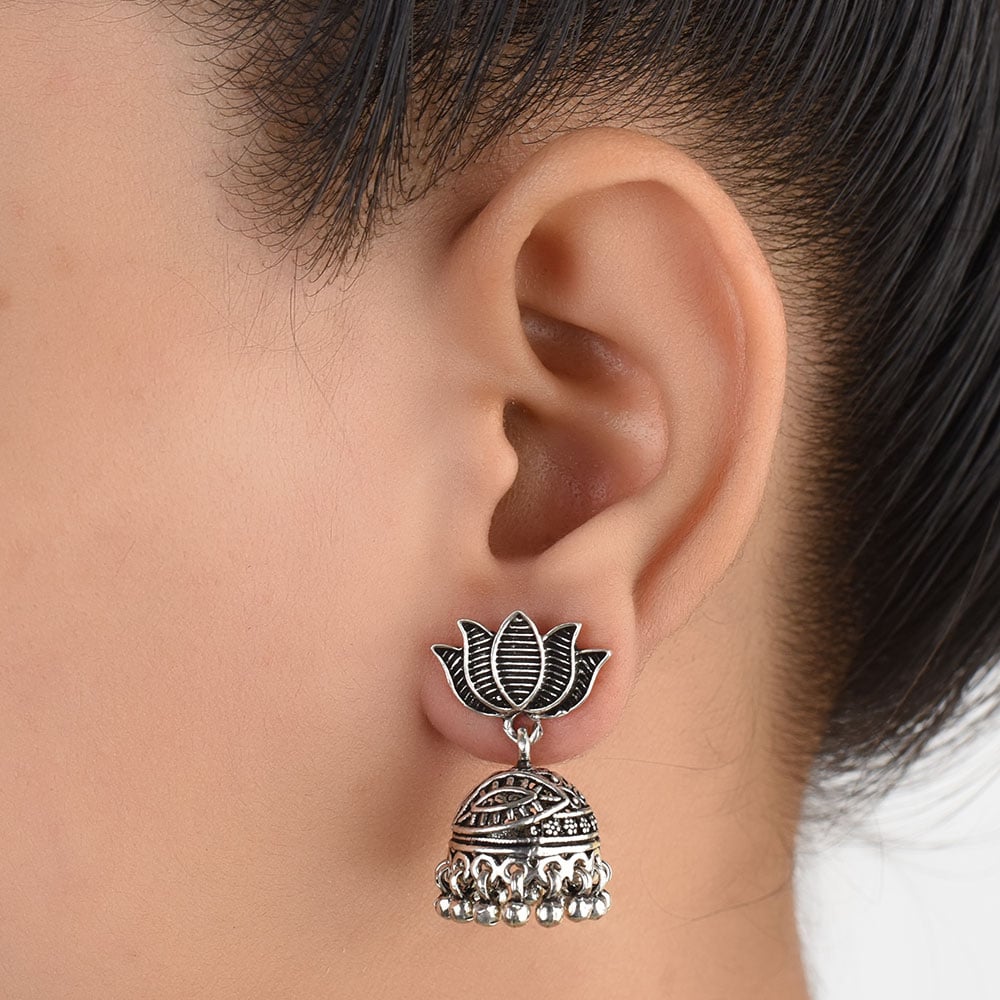Front view of Lotus Jhumki Earrings in 92.5 Sterling Silver