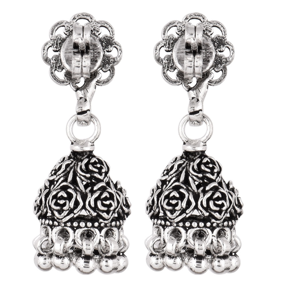 Close up of jhumka detailing on 92.5 Sterling Silver earrings