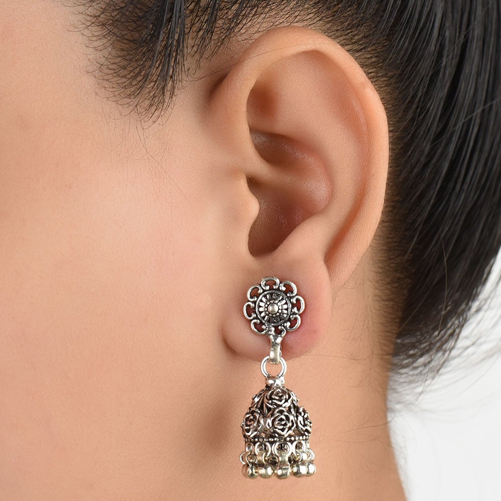 Front view of Solid Oxidize Rose Jhumka Earrings in 92.5 Sterling Silver