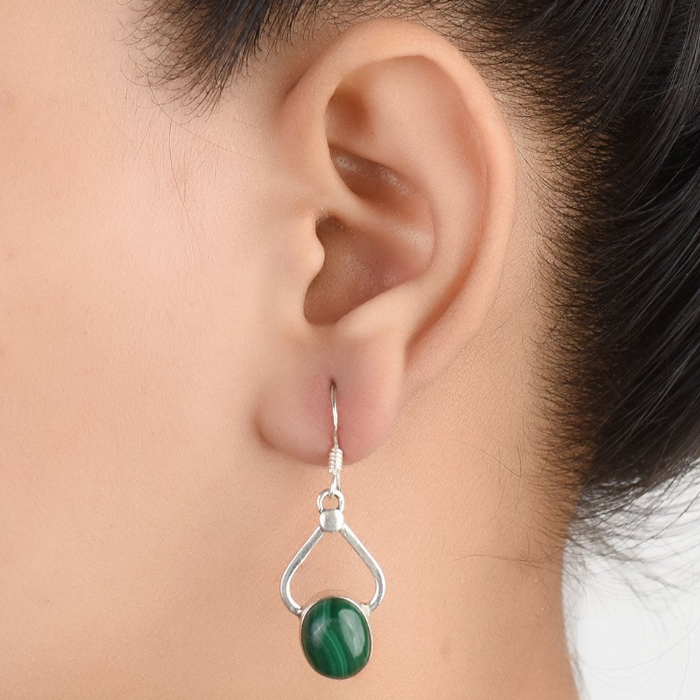 Front view of Malachite Earrings handcrafted in 92.5 Sterling Silver