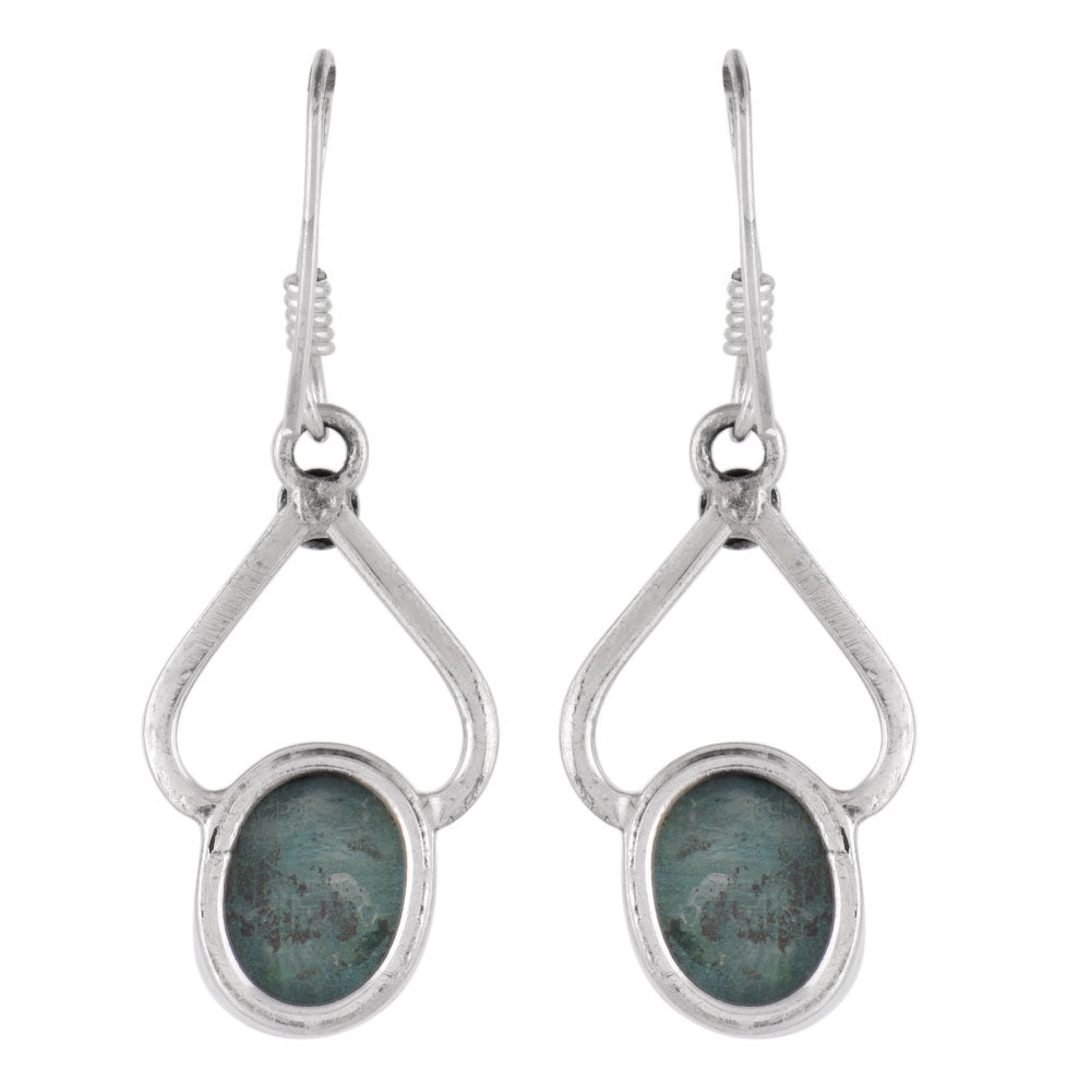 Close up of Malachite stone set in sterling silver earrings