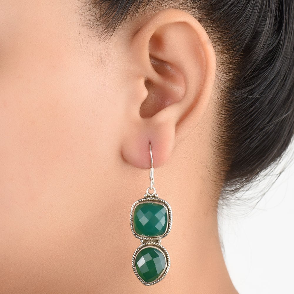 Front view of Green Onyx Teardrop Dangle Earrings handcrafted in 92.5 Sterling Silver