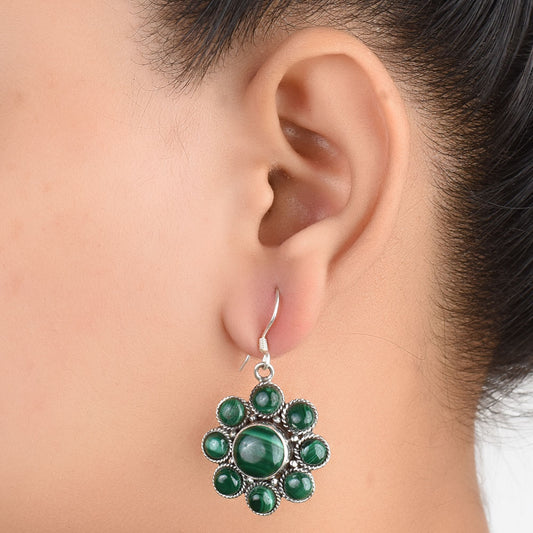 Front view of Malachite Earrings handcrafted in 92.5 Sterling Silver