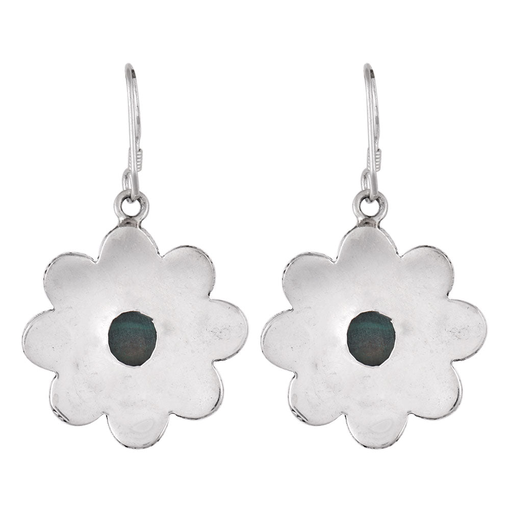 Close up of Malachite stone set in sterling silver earrings
