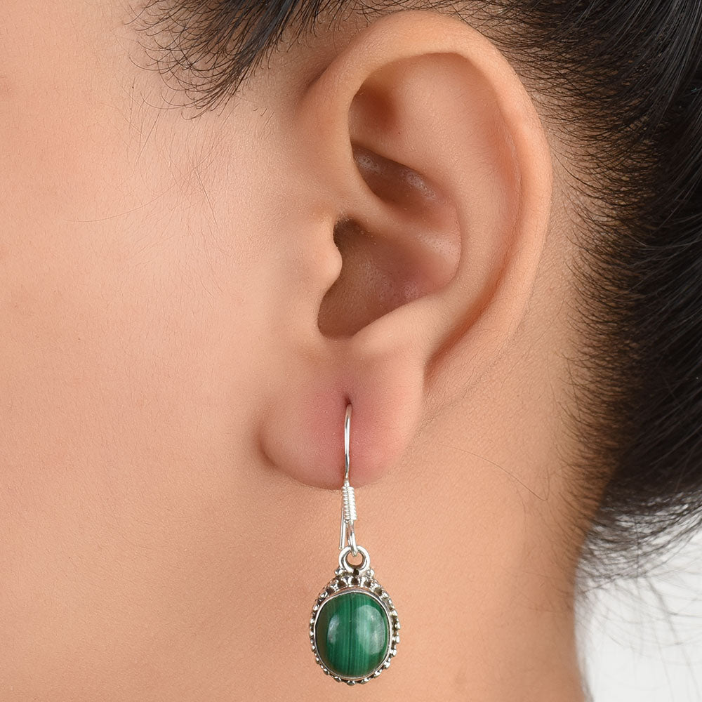 Front view of Malachite Floral Drop Earrings handcrafted in 92.5 Sterling Silver