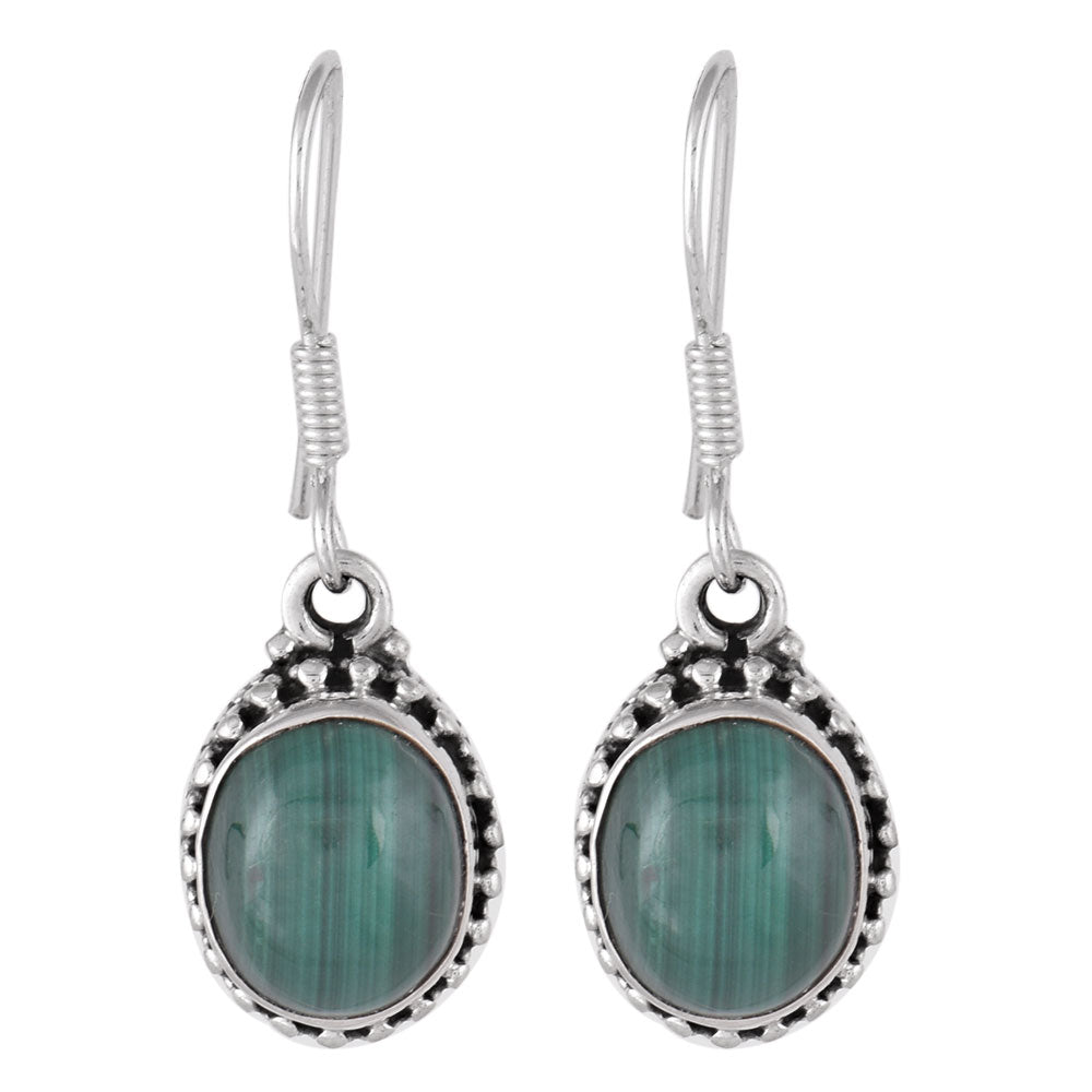 Side profile of Malachite Floral Drop Earrings showing Malachite setting in 92.5 Sterling Silver