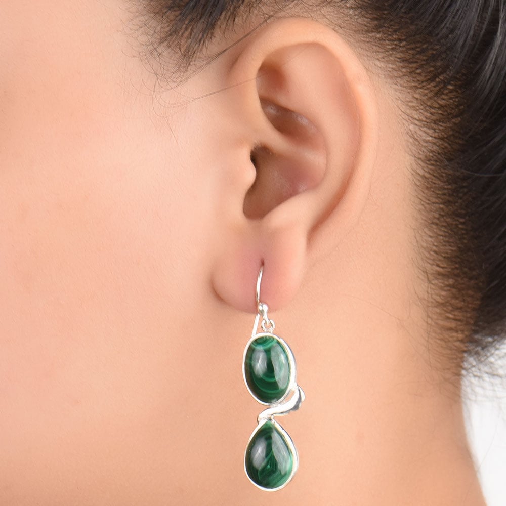 Front view of Malachite Earrings handcrafted in 92.5 Sterling Silver