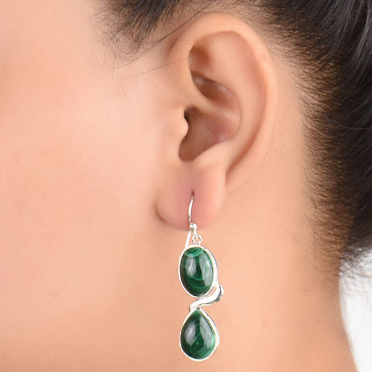 Front view of Malachite Earrings handcrafted in 92.5 Sterling Silver