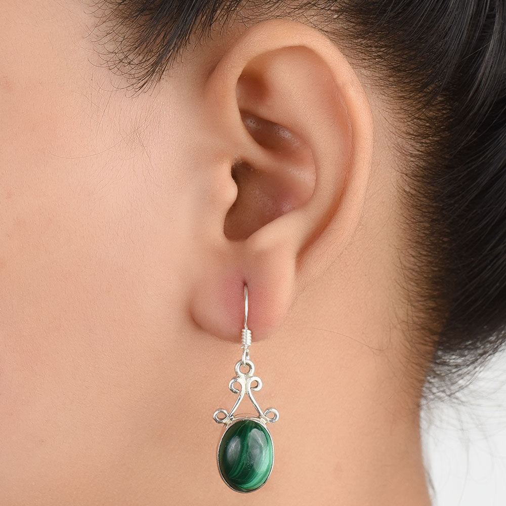 Front view of Malachite Oval Earrings handcrafted in 92.5 Sterling Silver