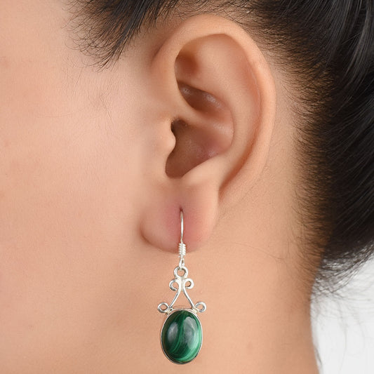 Front view of Malachite Oval Earrings handcrafted in 92.5 Sterling Silver