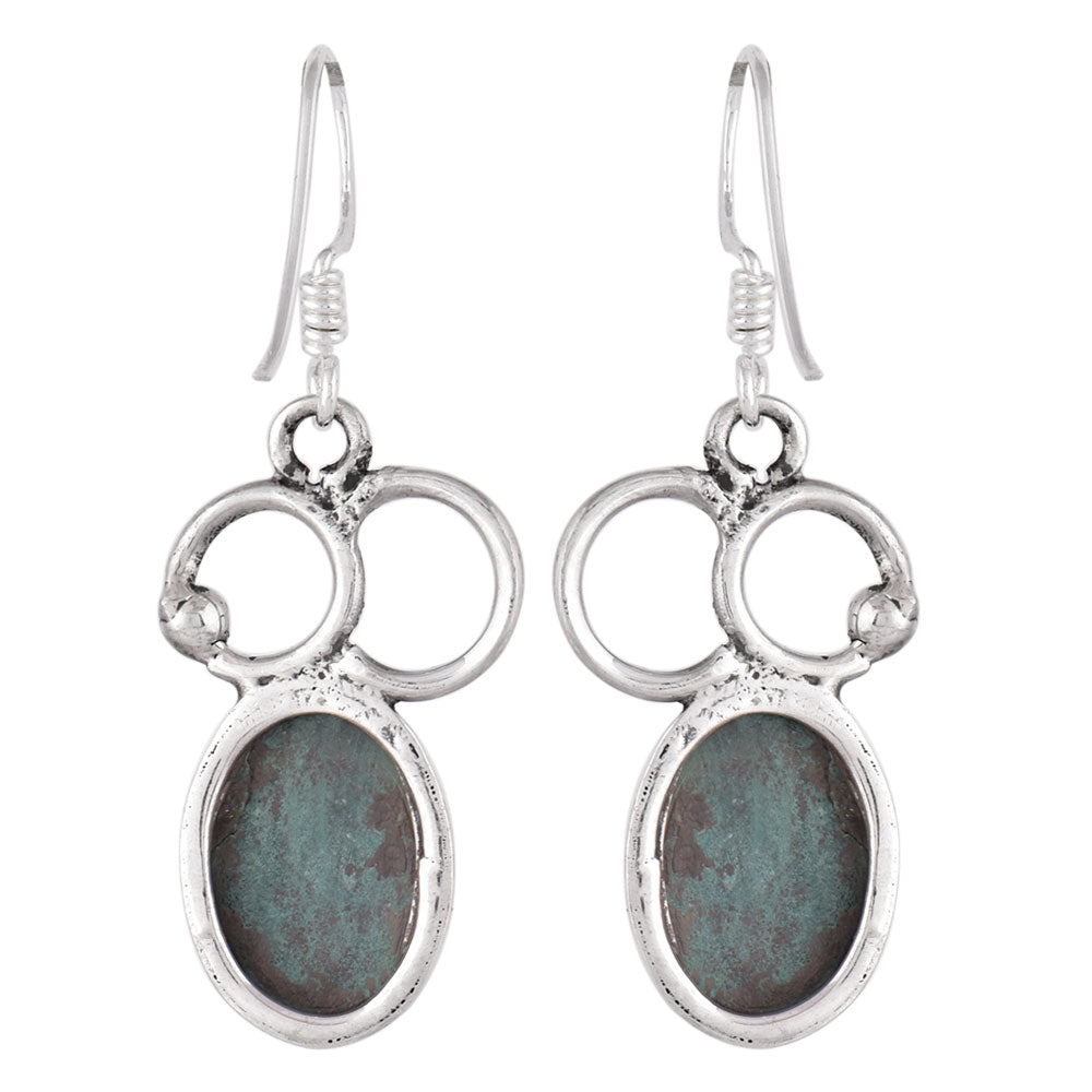 Close up of Malachite stone set in sterling silver earrings