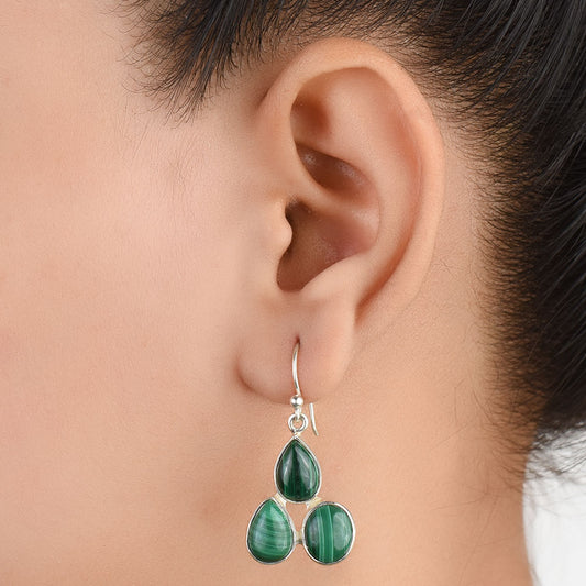 Front view of Malachite Stud Earrings handcrafted in 92.5 Sterling Silver