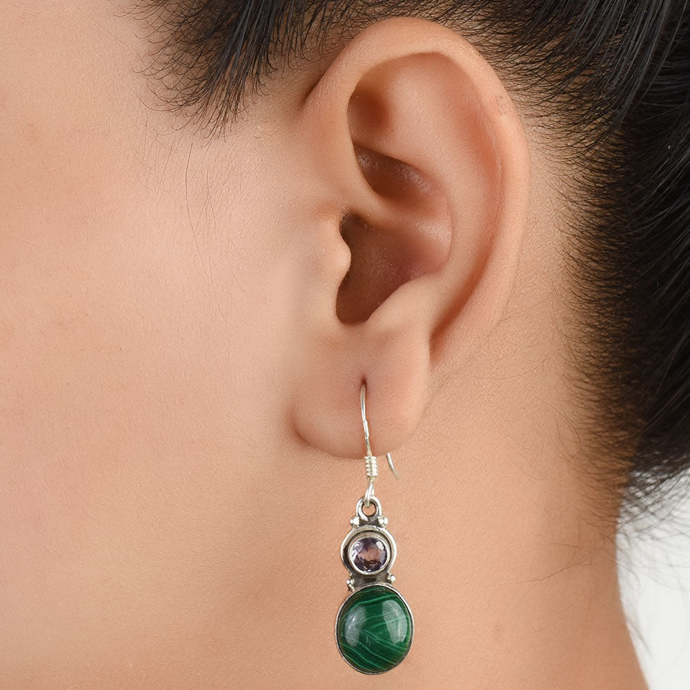 Front view of Tanzanite & Malachite Earrings handcrafted in 92.5 Sterling Silver