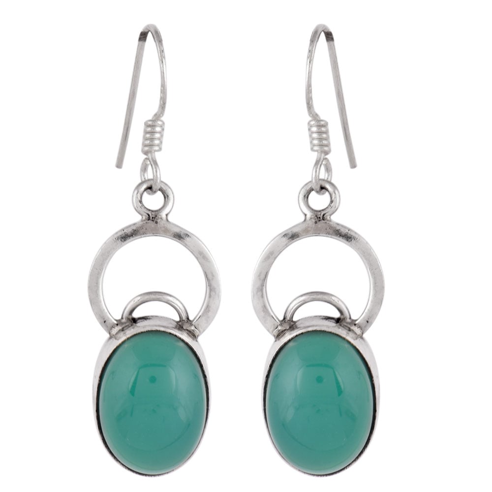 Side profile of Earings Chryoprase Single Drop Earrings showing Chryoprase setting in 92.5 Sterling Silver