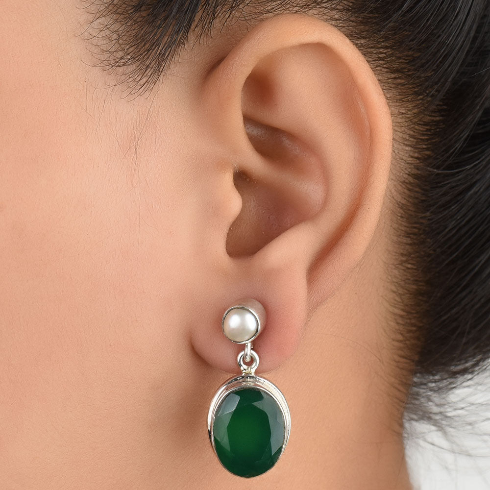 Front view of Pearl & Onyx Drop Earrings handcrafted in 92.5 Sterling Silver