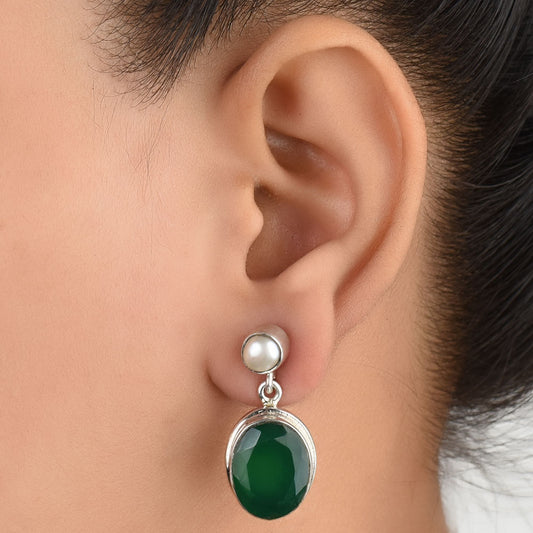 Front view of Pearl & Onyx Drop Earrings handcrafted in 92.5 Sterling Silver