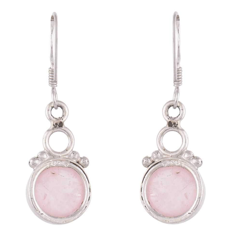 Close up of Rose Quartz stone set in sterling silver earrings